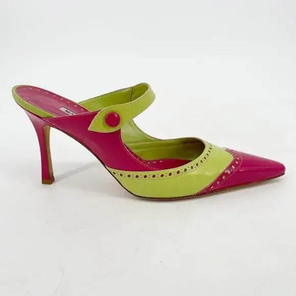 Manolo Blahnik Vintage Lime Pink Wingtip Mary Jane Pointed Toe Mule Heel IT 37 - Picture 2 of 11
